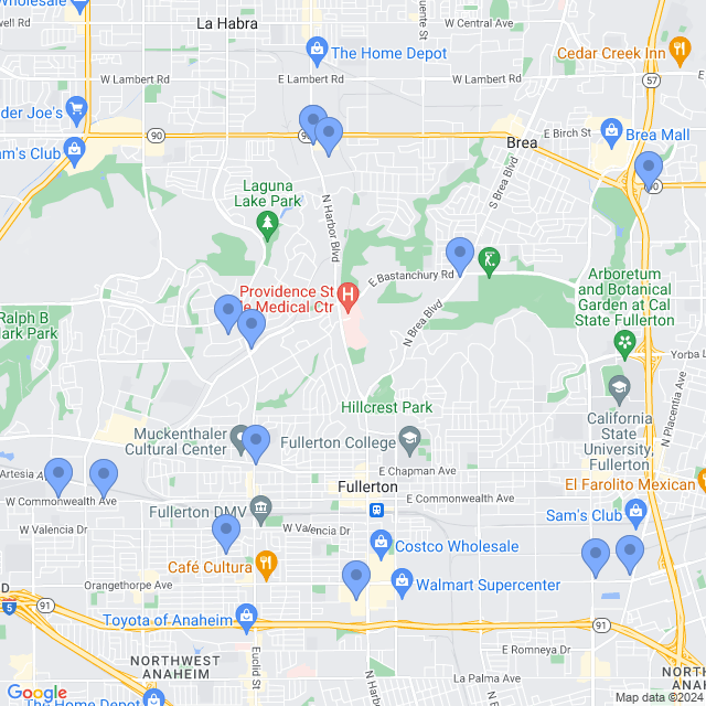 Map of veterinarians in Fullerton, CA