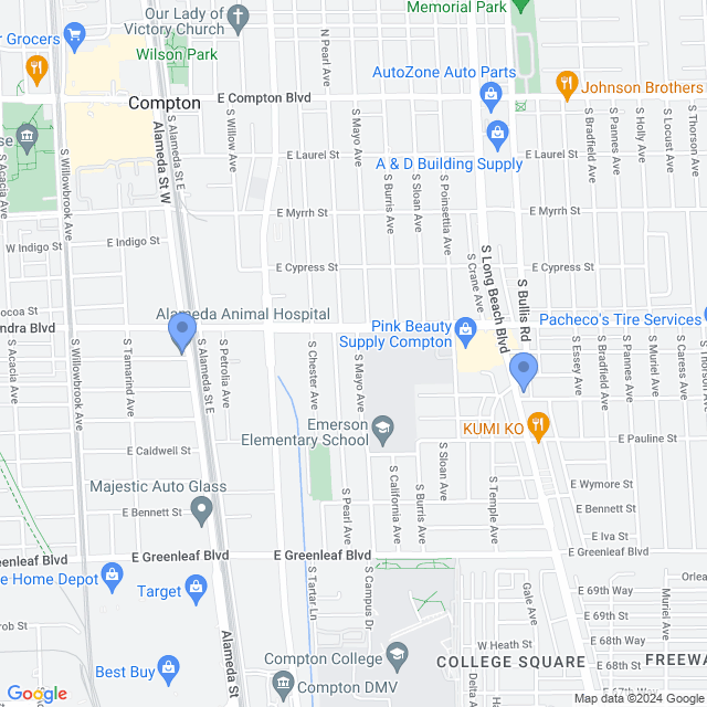 Map of veterinarians in Compton, CA