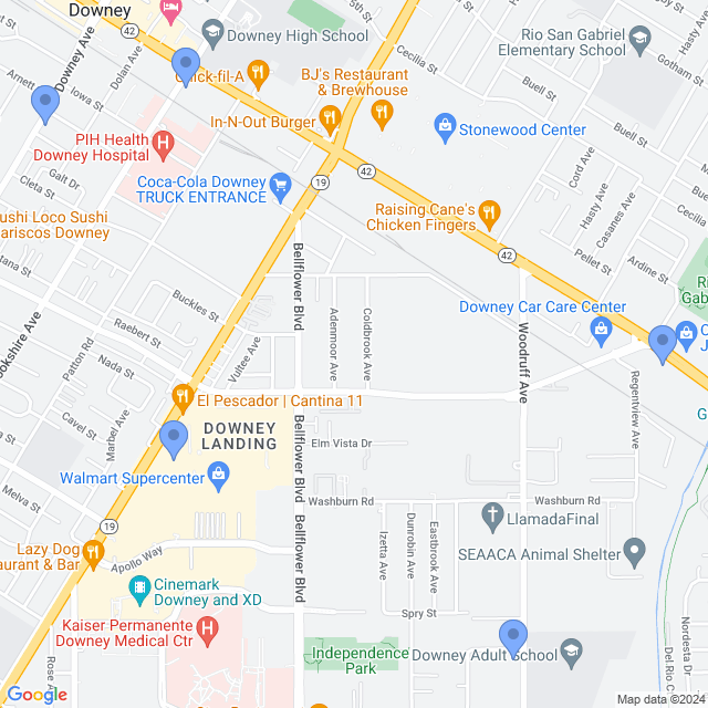Map of veterinarians in Downey, CA
