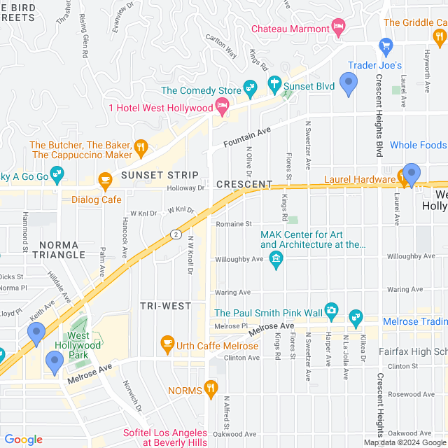 Map of veterinarians in West Hollywood, CA