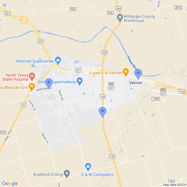 Map of veterinarians in Vernon, TX