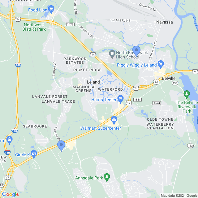 Map of veterinarians in Leland, NC