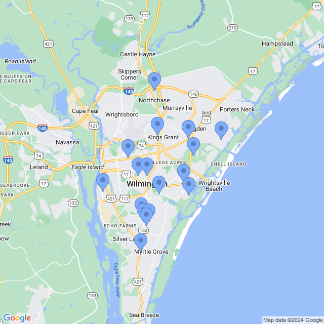 Map of veterinarians in Wilmington, NC