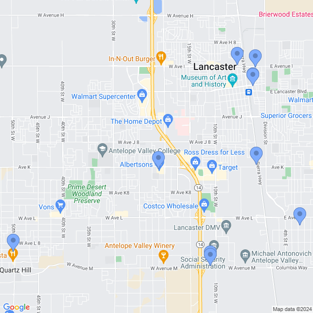 Map of veterinarians in Lancaster, CA