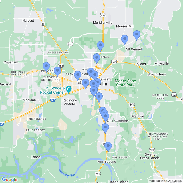 Map of veterinarians in Huntsville, AL