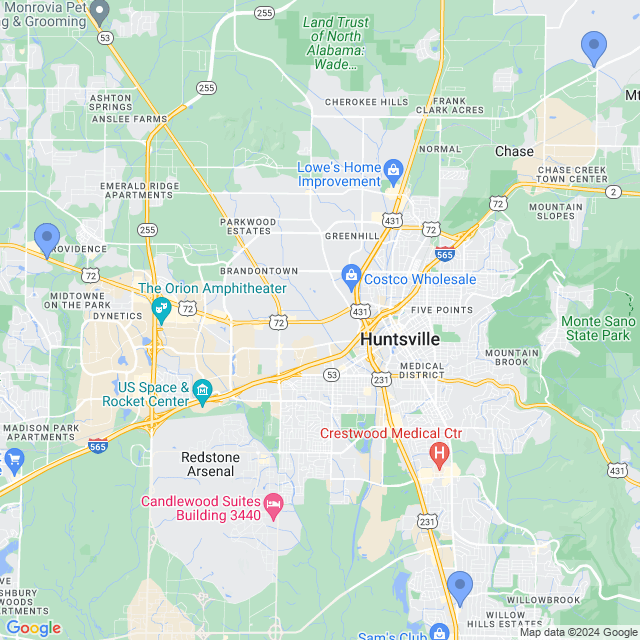 Map of veterinarians in Huntsville, AL