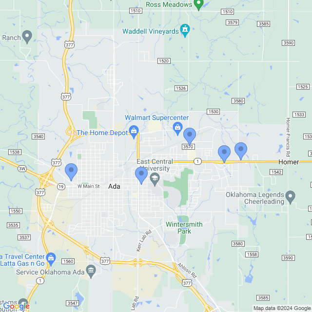 Map of veterinarians in Ada, OK