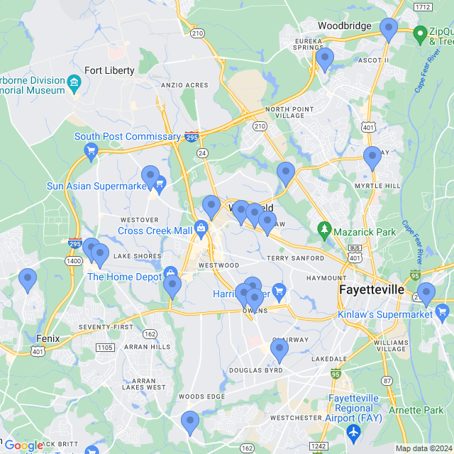 Map of veterinarians in Fayetteville, NC