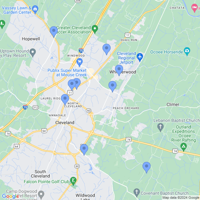 Map of veterinarians in Cleveland, TN