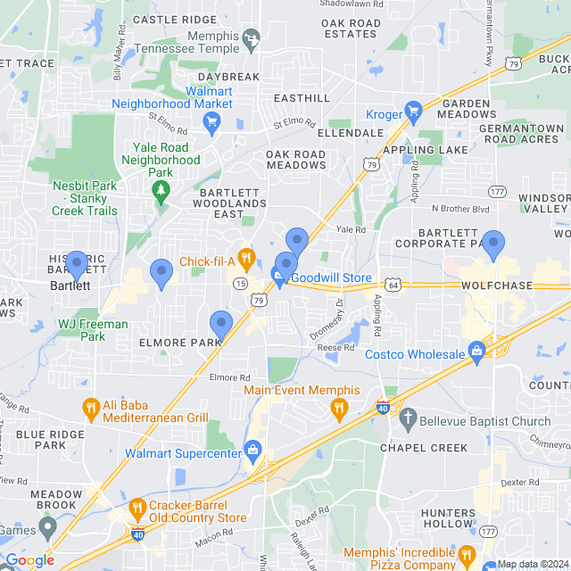 Map of veterinarians in Bartlett, TN