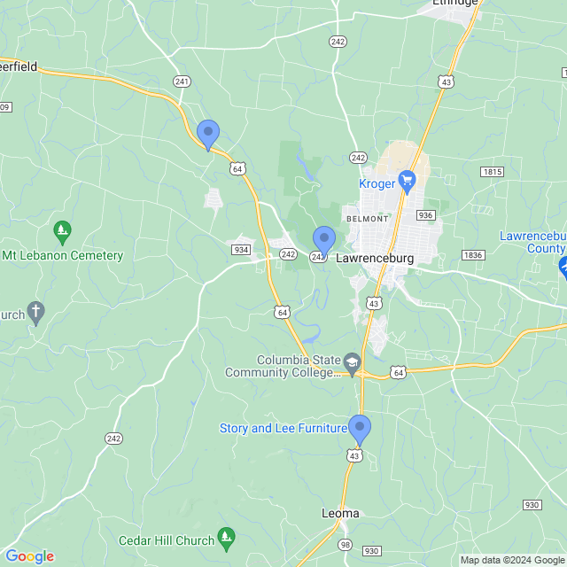 Map of veterinarians in Lawrenceburg, TN