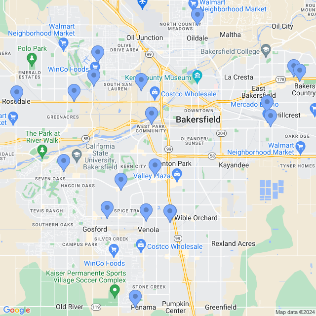 Map of veterinarians in Bakersfield, CA
