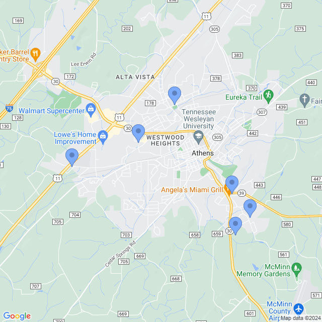 Map of veterinarians in Athens, TN