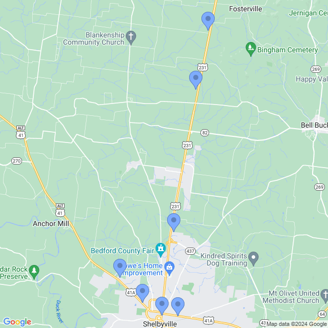 Map of veterinarians in Shelbyville, TN