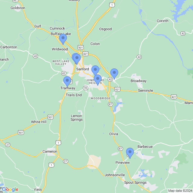 Map of veterinarians in Sanford, NC