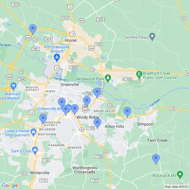 Map of veterinarians in Greenville, NC
