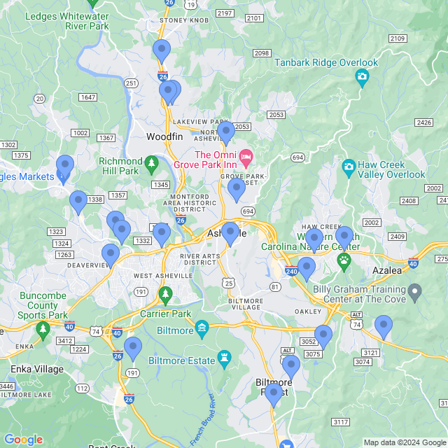 Map of veterinarians in Asheville, NC