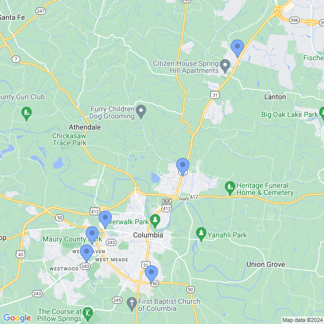 Map of veterinarians in Columbia, TN