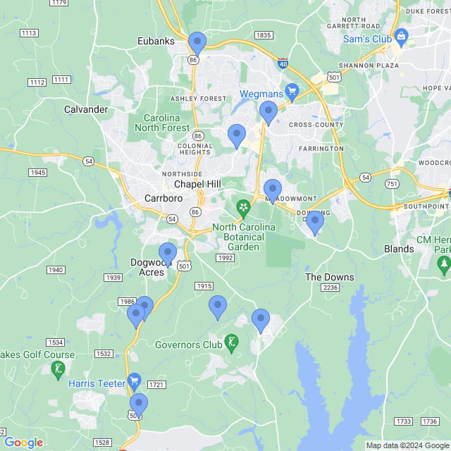 Map of veterinarians in Chapel Hill, NC