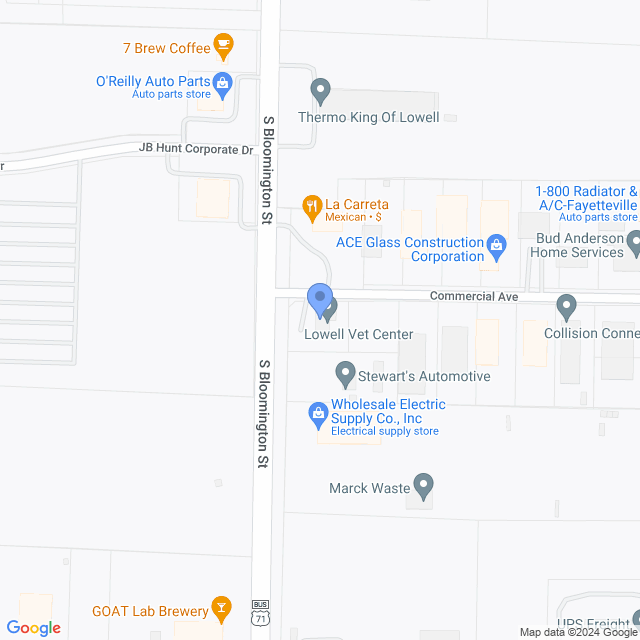 Map of veterinarians in Lowell, AR