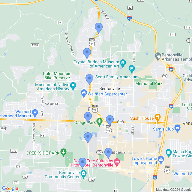 Map of veterinarians in Bentonville, AR
