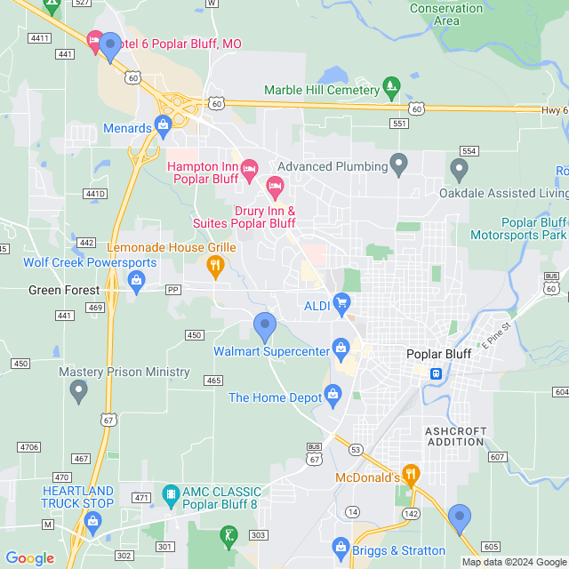 Map of veterinarians in Poplar Bluff, MO