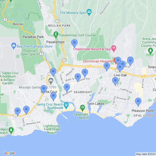 Map of veterinarians in Santa Cruz, CA