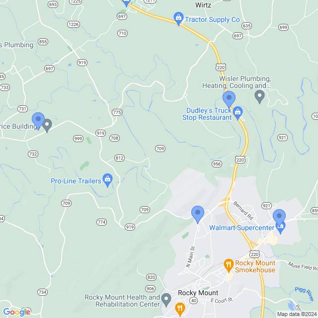 Map of veterinarians in Rocky Mount, VA