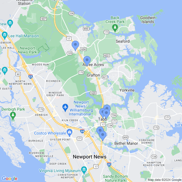 Map of veterinarians in Yorktown, VA
