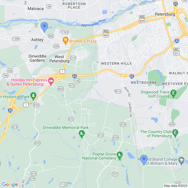 Map of veterinarians in North Dinwiddie, VA