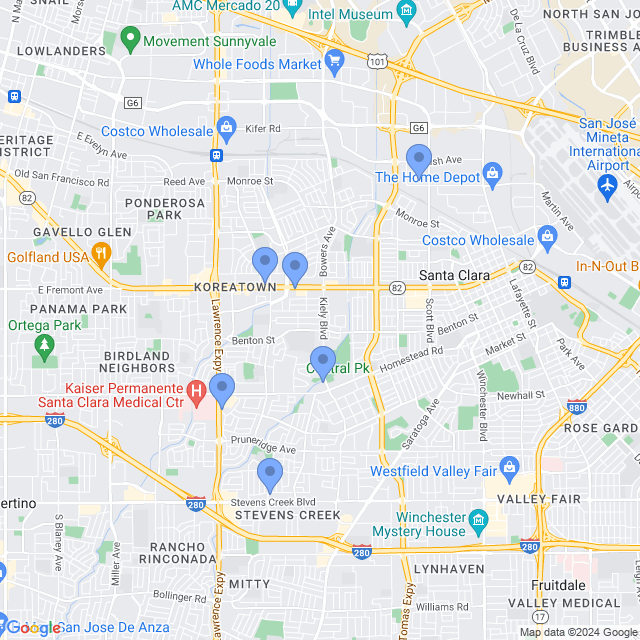 Map of veterinarians in Santa Clara, CA