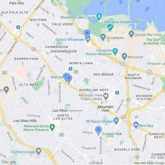 Map of veterinarians in Mountain View, CA
