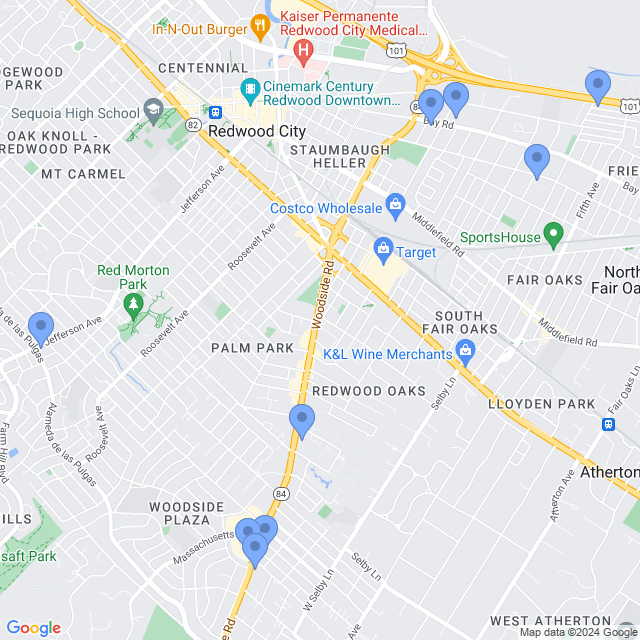 Map of veterinarians in Redwood City, CA