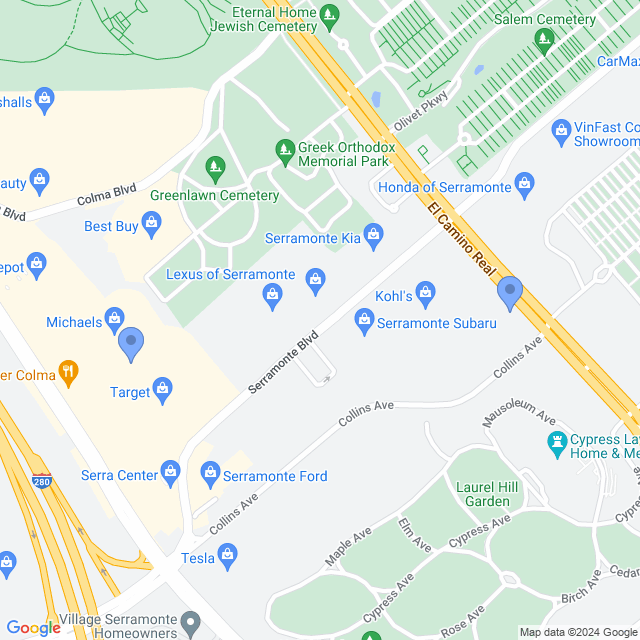 Map of veterinarians in Colma, CA
