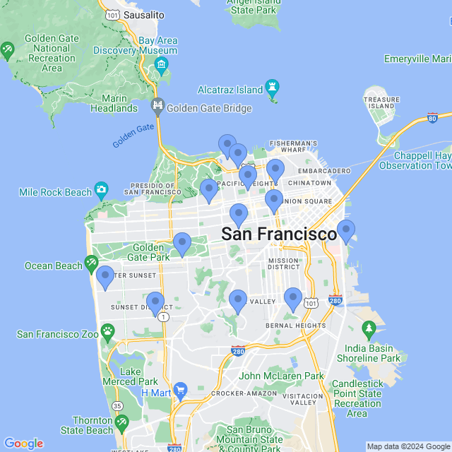 Map of veterinarians in San Francisco, CA