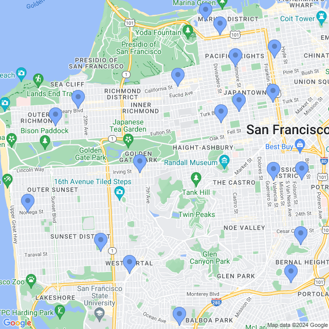 Map of veterinarians in San Francisco, CA