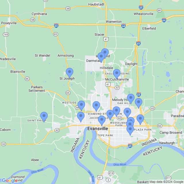 Map of veterinarians in Evansville, IN