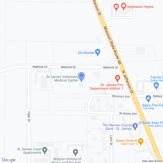 Map of veterinarians in St James, MO