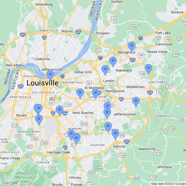 Map of veterinarians in Louisville, KY