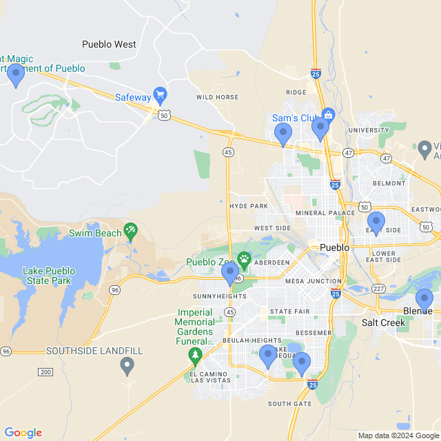Map of veterinarians in Pueblo, CO