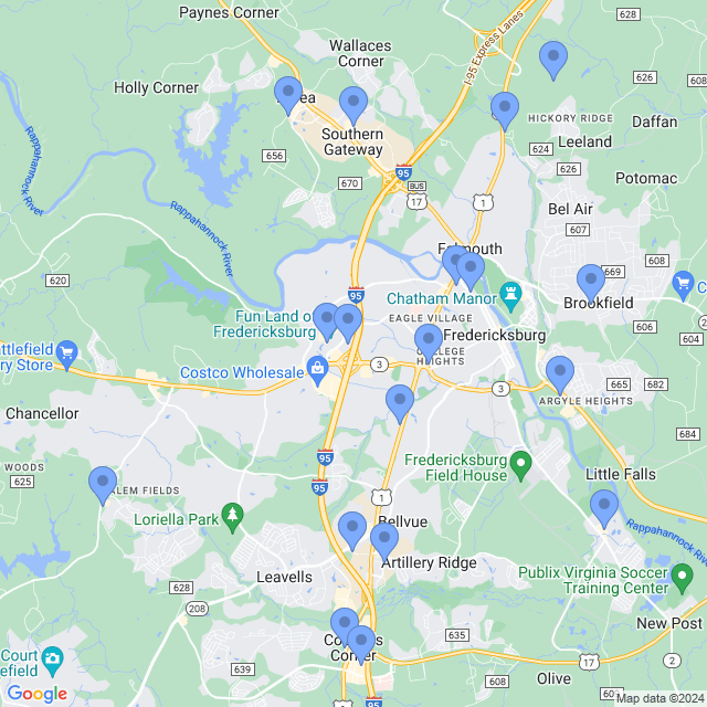Map of veterinarians in Fredericksburg, VA
