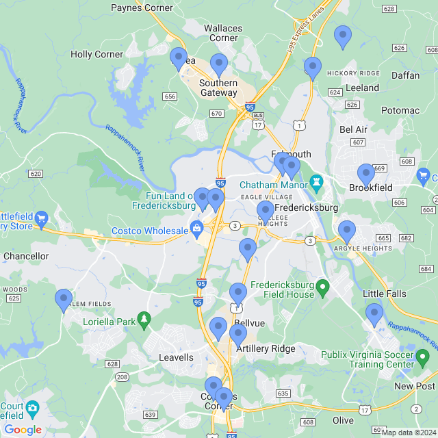 Map of veterinarians in Fredericksburg, VA