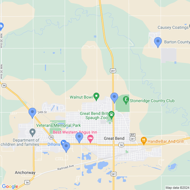 Map of veterinarians in Great Bend, KS