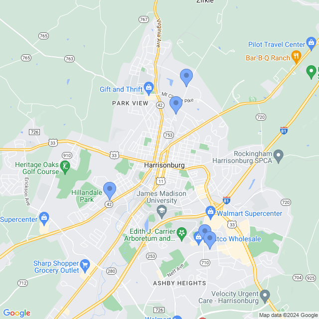 Map of veterinarians in Harrisonburg, VA