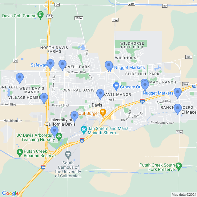 Map of veterinarians in Davis, CA