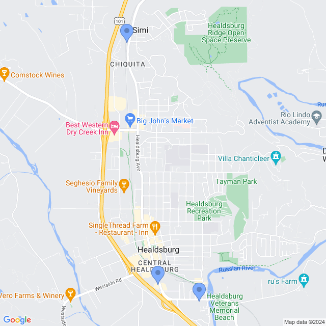 Map of veterinarians in Healdsburg, CA