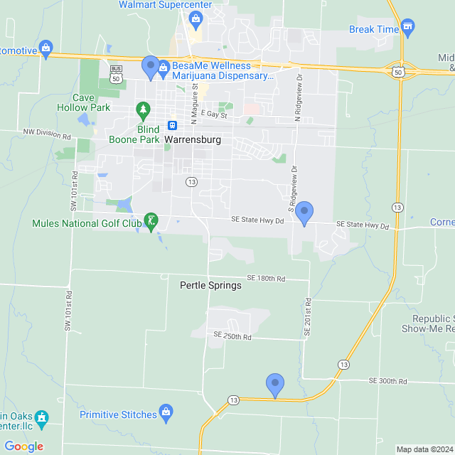 Map of veterinarians in Warrensburg, MO