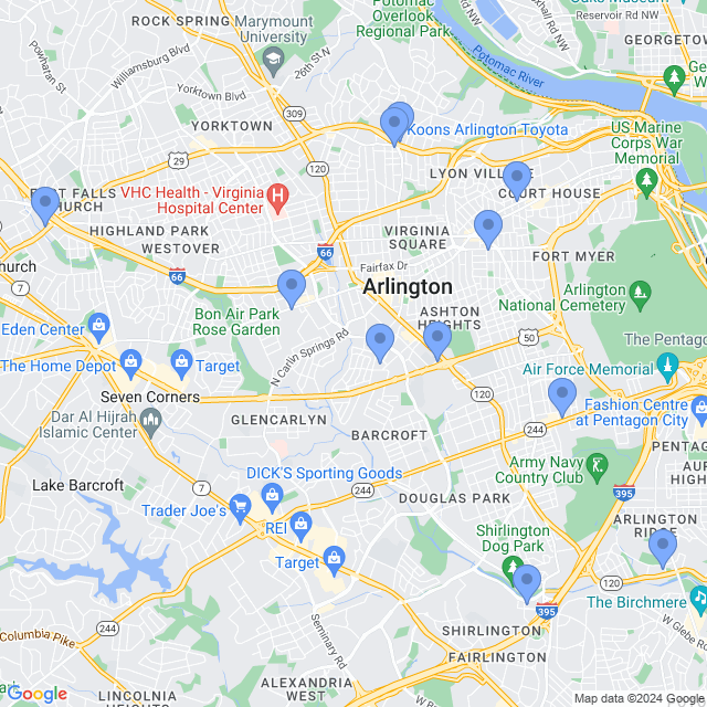 Map of veterinarians in Arlington, VA