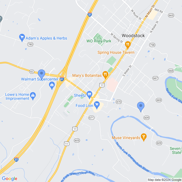 Map of veterinarians in Woodstock, VA