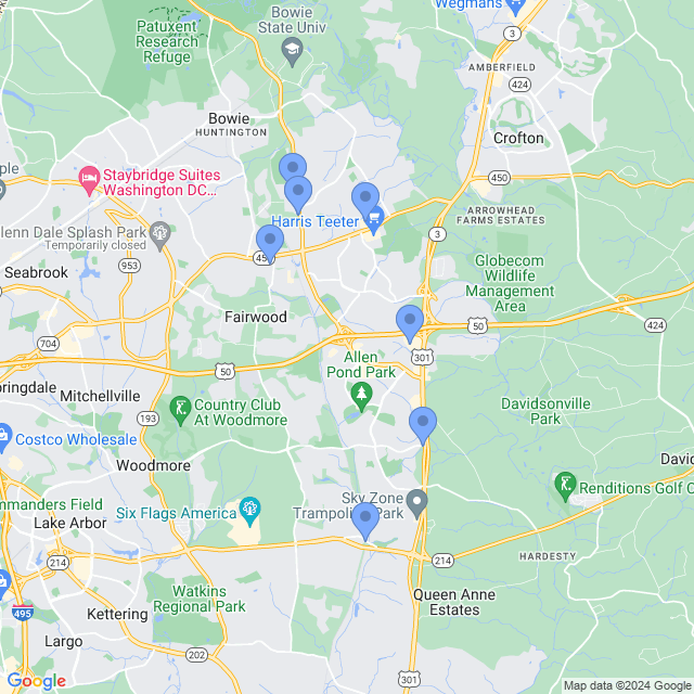 Map of veterinarians in Bowie, MD